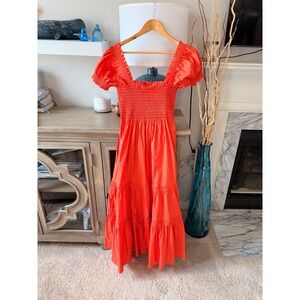 Tory Burch Smocked Tiered Midi Dress Womens Orange Size M